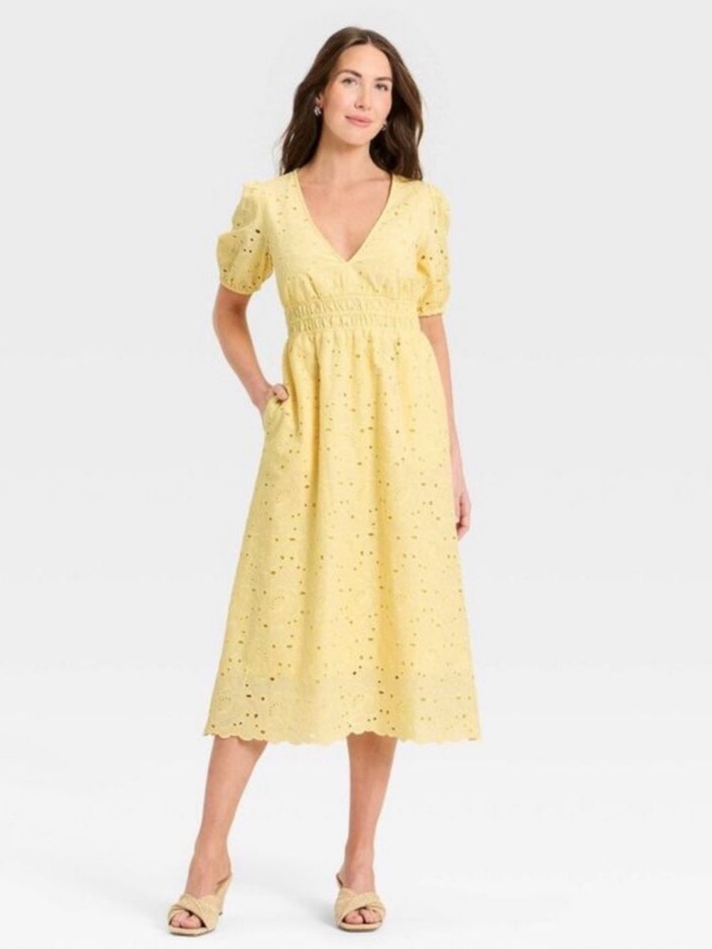Pale Butter Yellow Eyelet Embroidery Cotton Midi Dress